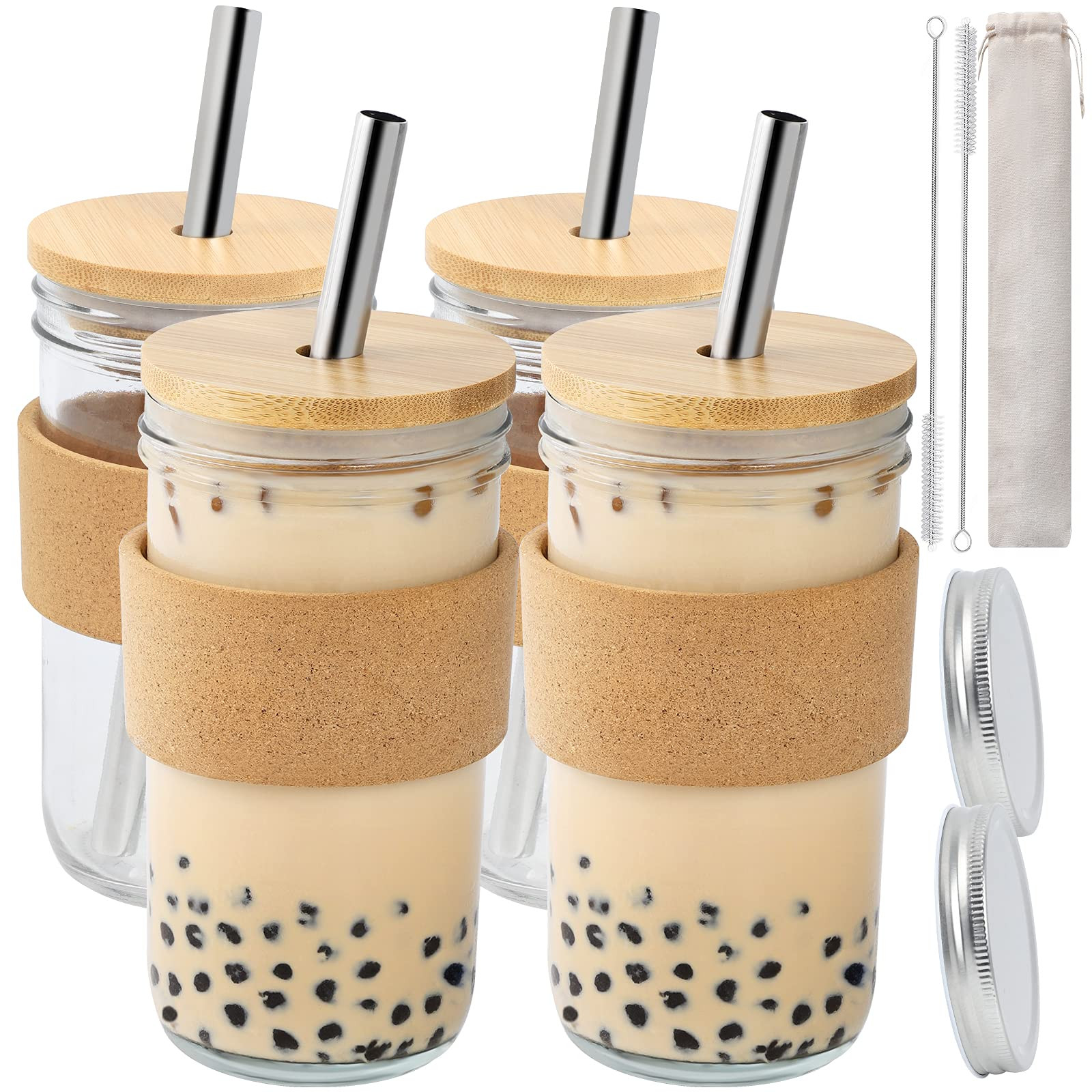 Reusable Boba Cup Bubble Tea Cup Wide Mouth Smoothie Cups Iced Coffee Tumbler, 22 oz Leakproof Glass | Amazon (US)