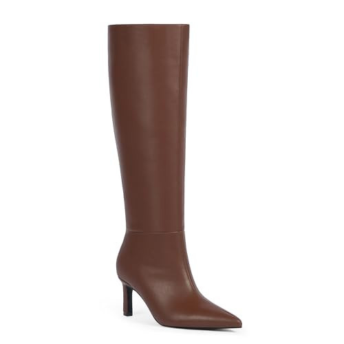 Easyfox Knee High Boots for Women Pointed Toe Brown Heel Boots Kitten Heeled Calf High Brown Boot Tall Long Dress Leather Fall Boot 2025 Size 7 | Amazon (US)