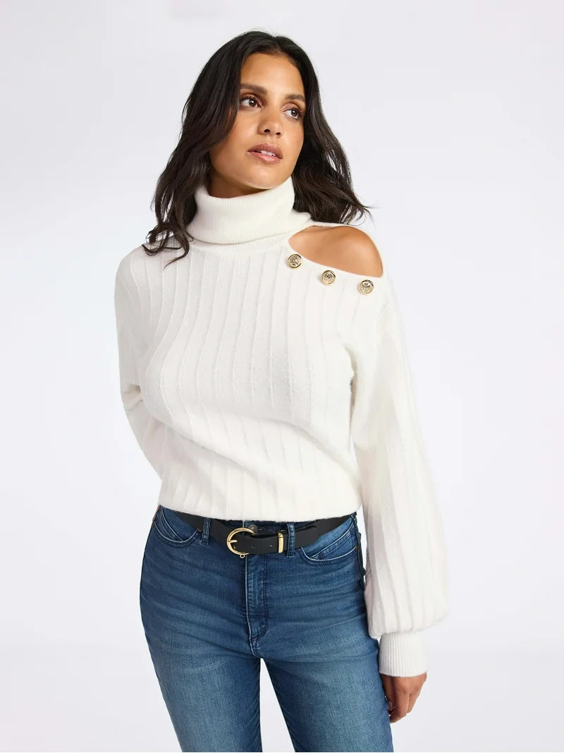 Sofia by Sofia Vergara Women's Mock Neck Button Pullover Sweater, Mid Weight, Sizes, XS-XXXL | Walmart (US)