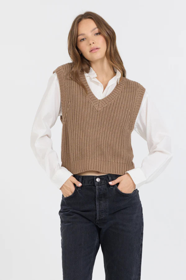 Toffee W/ White Twofer Cropped Sweater Vest | Vintage Havana