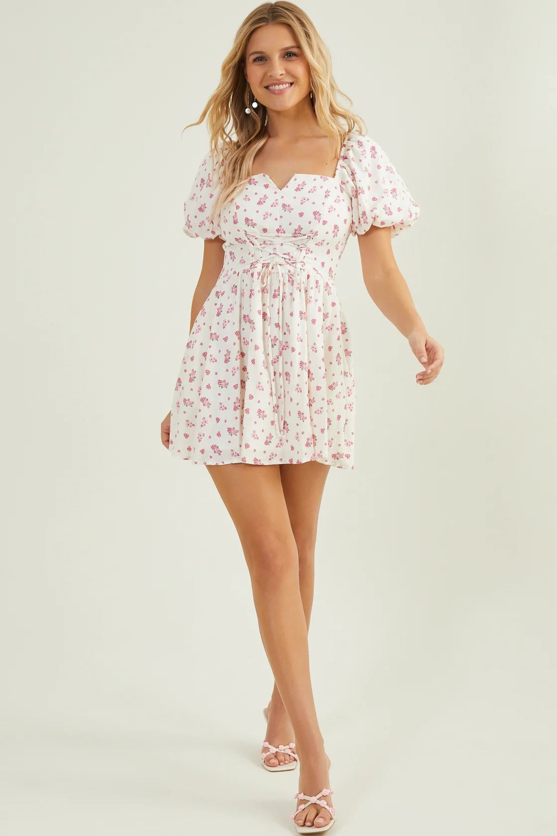 Jodee Puff Sleeve Dress in White & Pink | Altar'd State | Altar'd State