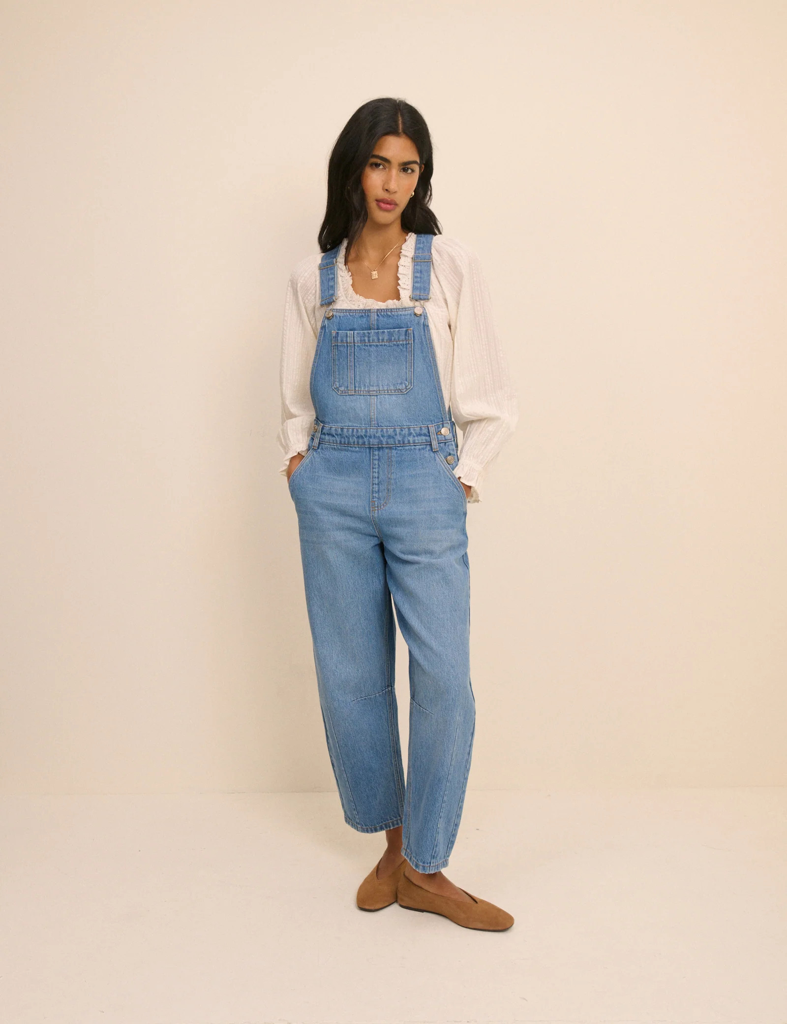 Mid Wash Denim Barrel Leg Dungarees | Nobody's Child