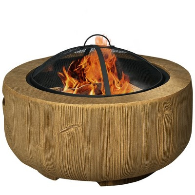 Outsunny Outdoor Fire Pit, 24 Inch Metal Wood Burning Fireplace with Spark Cover, Poker, Woodgrain Design for Patio, Picnic, Backyard, Light Brown | Target