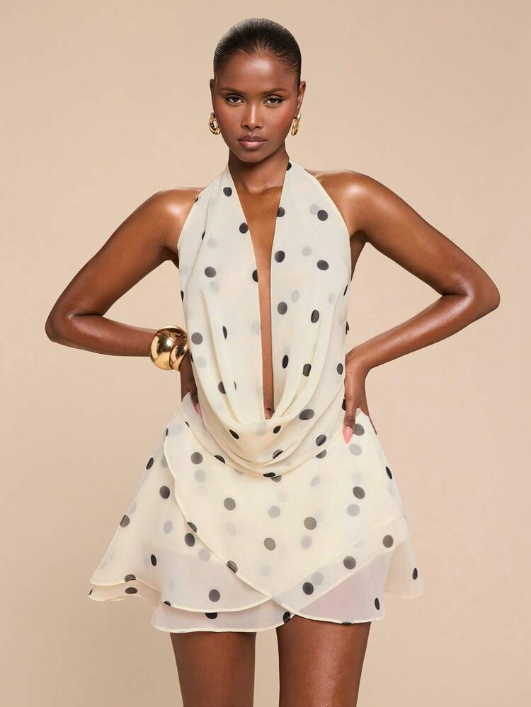 SHEIN BAE Apricot Base Black Polka Dot Chiffon Draped Neck Backless Ruffle Hem Sexy Elegant Maxi Dress, Suitable For Beach Vacation, Vacation Print Long Dress, Beach Maxi Dress, Backless Maxi Dress, Polka Dot Dress,Summer Dress,Valentine's Day,Party Dress,Elegant Dresses | SHEIN