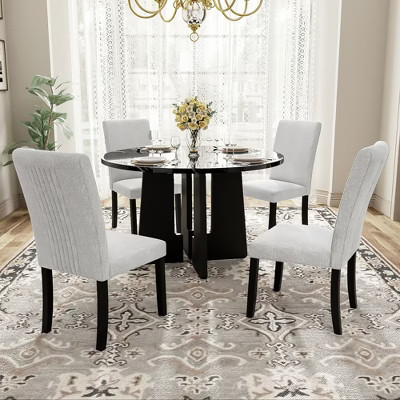 5 Piece Round Dining Table Set for 4, Modern Marble Dining Table and 4 High Back Upholstered Chairs, Beige+Black | Target