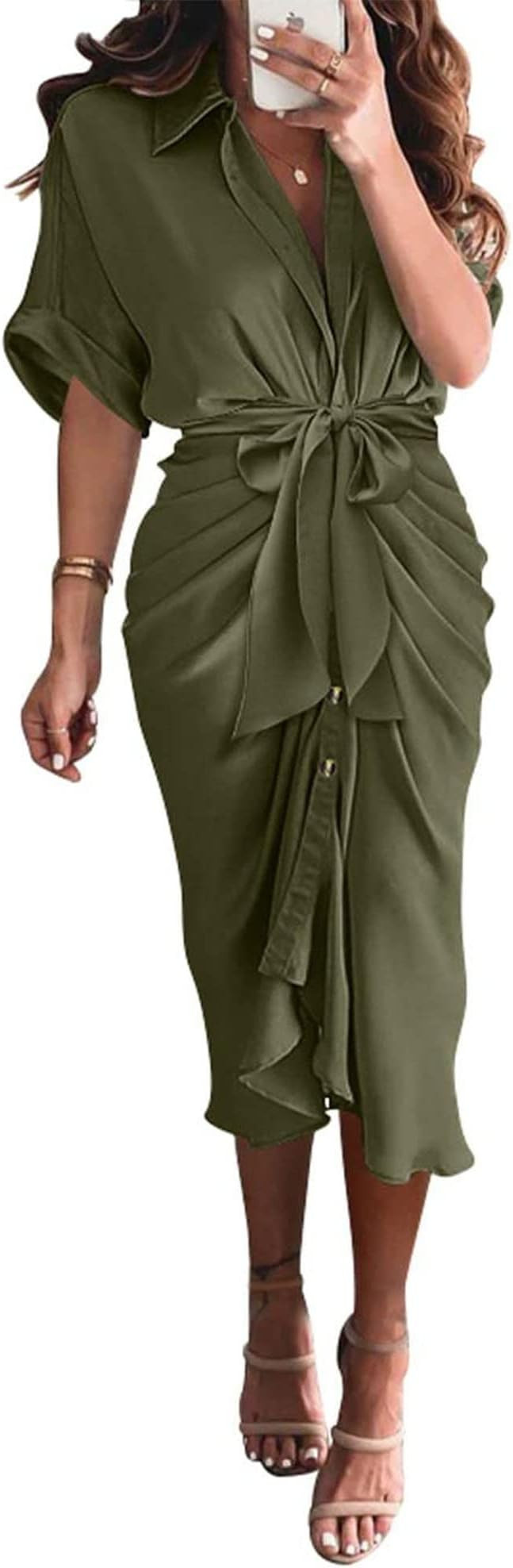 BTFBM Women Button Down Ruched Shirt Dresses Satin Short Sleeve Lapel V Neck Summer Maxi Dress 20... | Amazon (US)