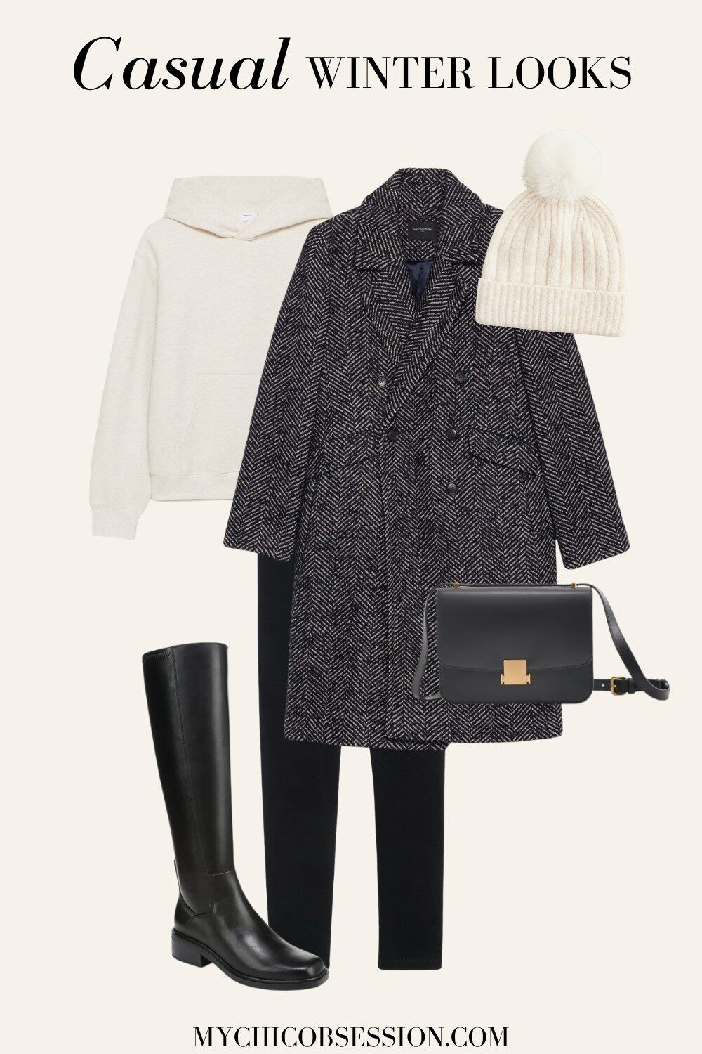 Style a cute but comfy winter outfit to head to a Christmas tree farm or do a little winter shopping. Pair leggings with a cozy sweatshirt, worn under a super warm coat. Accessorize with knee-high black boots, a pom beanie and a structured leather handbag. 

 #LTKSeasonal