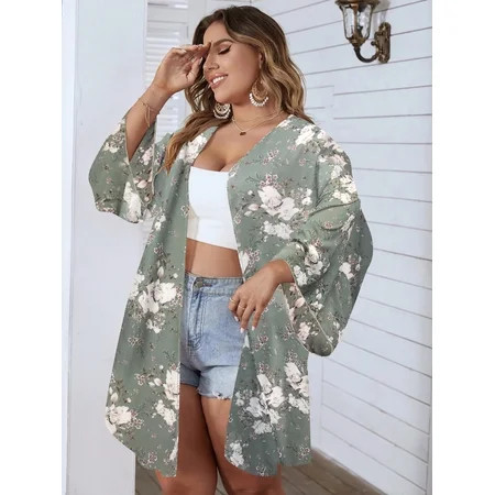Women s Plus Size Swimwear Floral Print Batwing Sleeve Chiffon Kimono S220602X Green | Walmart (US)