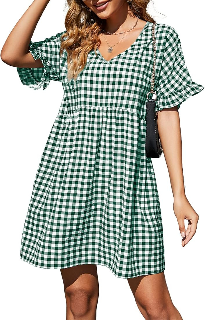 Amoretu Womens Short Sleeve Dress V Neck Loose Summer Plaid Dress with Pockets | Amazon (US)