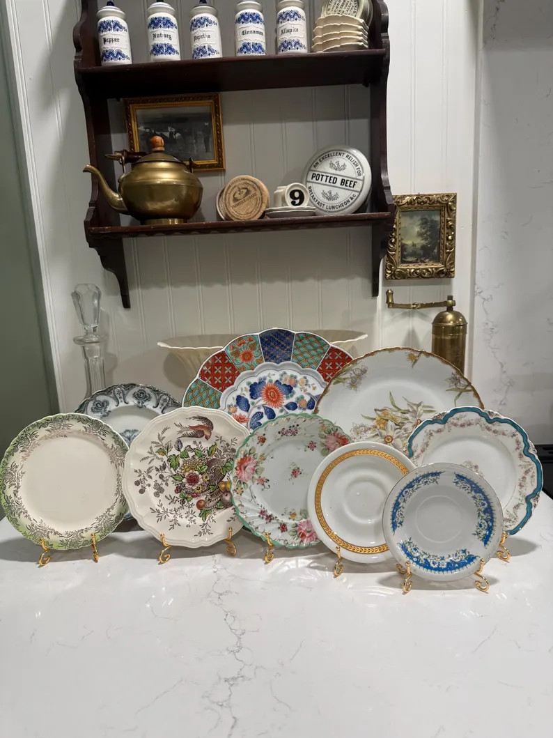 Antique and Vintage Blue Green  Gold Mismatched China Set | Eclectic Cottagecore Plate Wall | 10 ... | Etsy (Global)