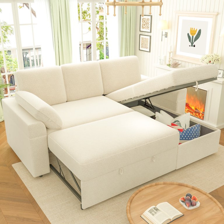 VANACC Sofa Bed, 2 in 1 Pull Out Couch with Storage Chaise for Living Room Office, Beige | Walmart (US)