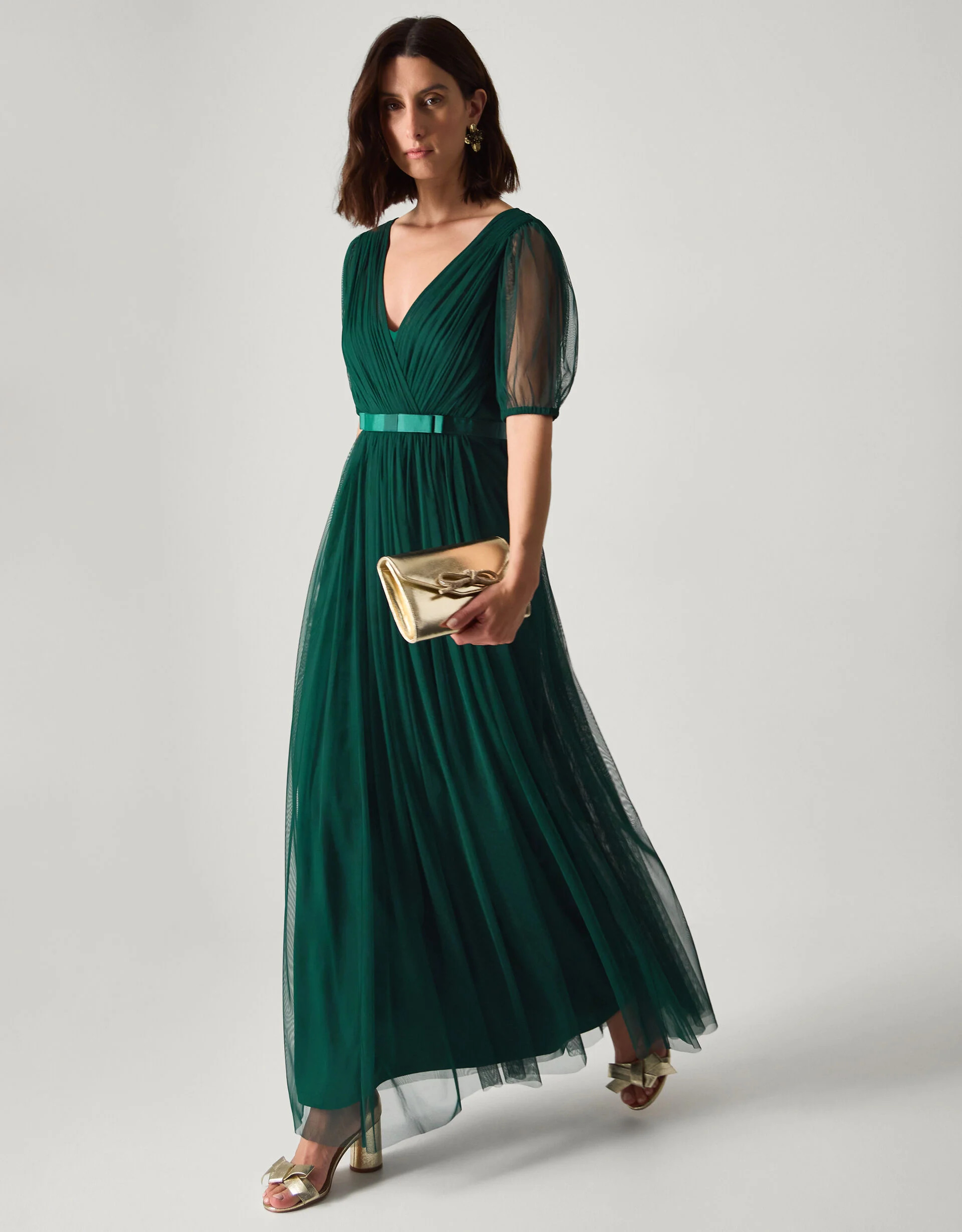 Ellie Sheer Sleeve Plunge Tulle Maxi Dress Green | Monsoon (UK)