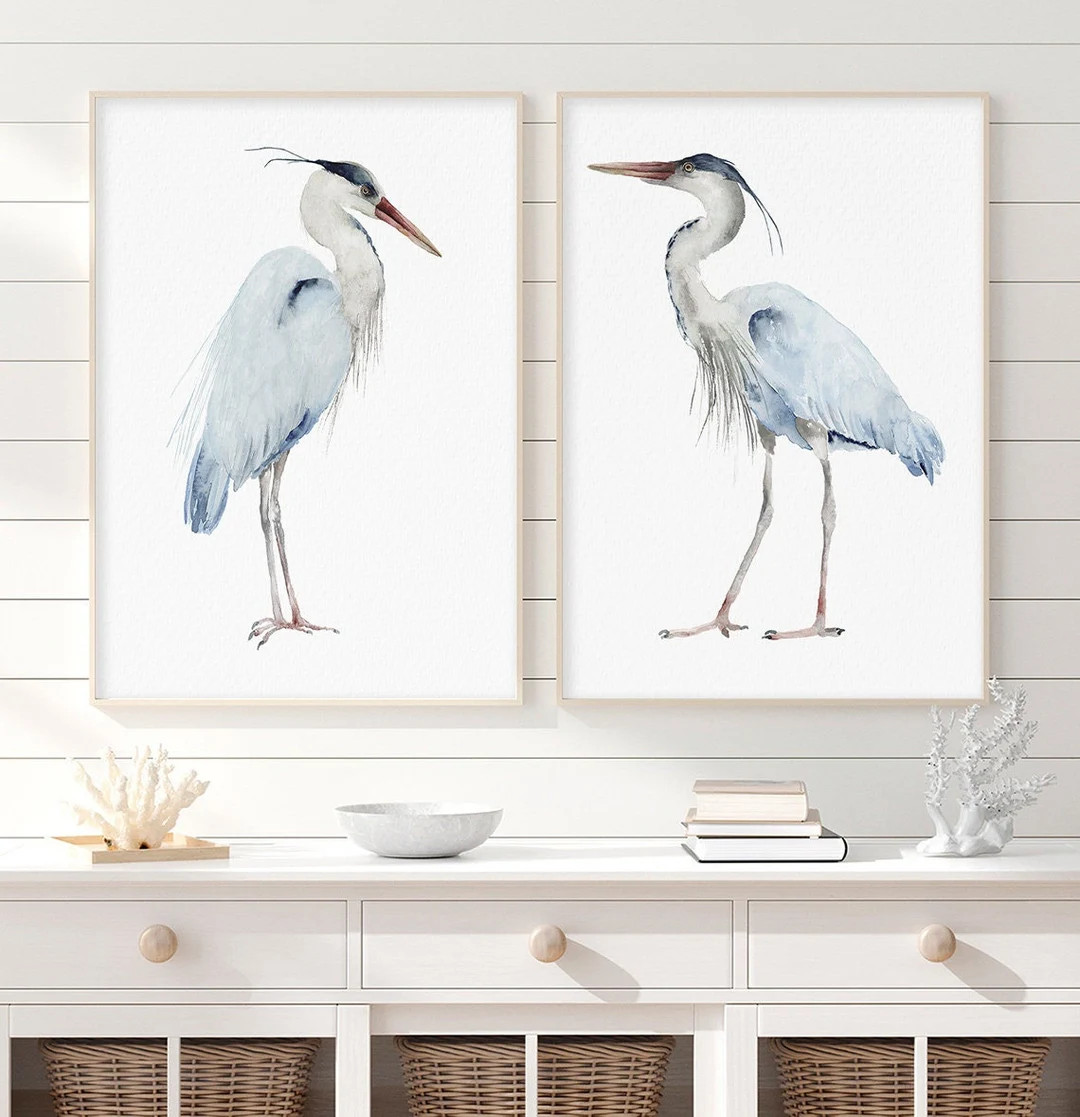 Extra Large Modern Great Blue Herons, Set of 2 Prints, Minimalist Bird Painting, Nursery Wall Dec... | Etsy (US)