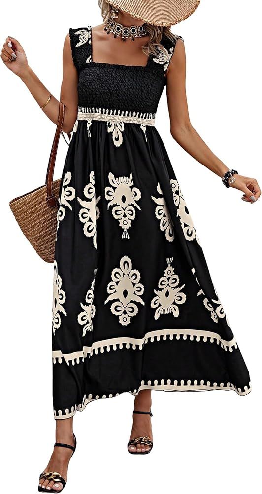 MakeMeChic Women's Summer Boho Dress Casual Floral Print Spaghetti Strap Square Neck Long Maxi Dr... | Amazon (US)