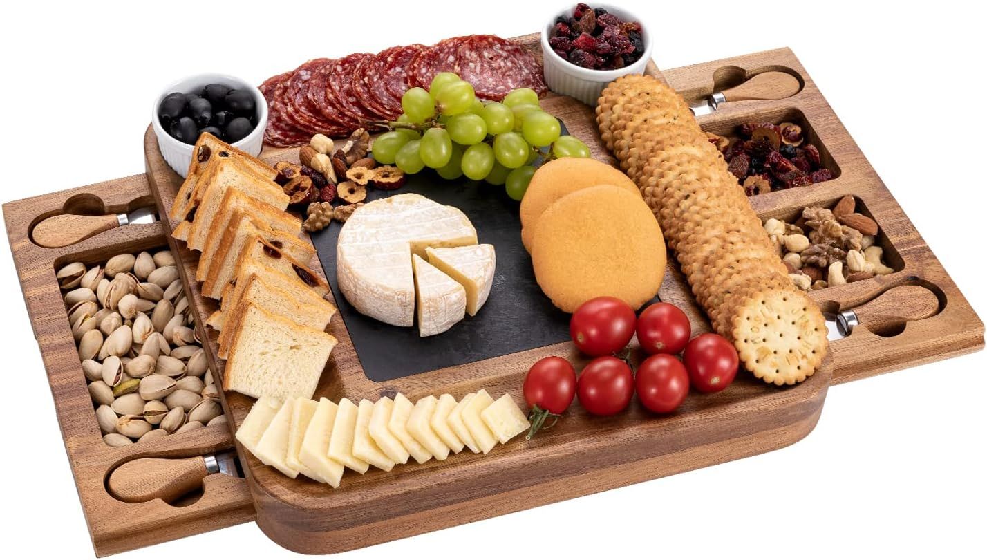 HBlife Acacia Cheese Board & Knife Set Charcuterie Board Cheese Platter with Slide-Out Drawer for... | Amazon (US)