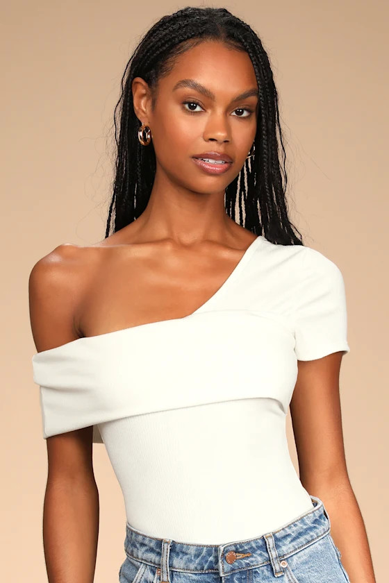 My Charming Ways White Ribbed One Shoulder Bodysuit | Lulus (US)