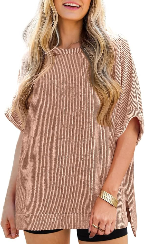 Tankaneo Womens Oversized T Shirts Summer Casual Ribbed Batwing Short Sleeve Tunic Tops Loose Fit... | Amazon (US)