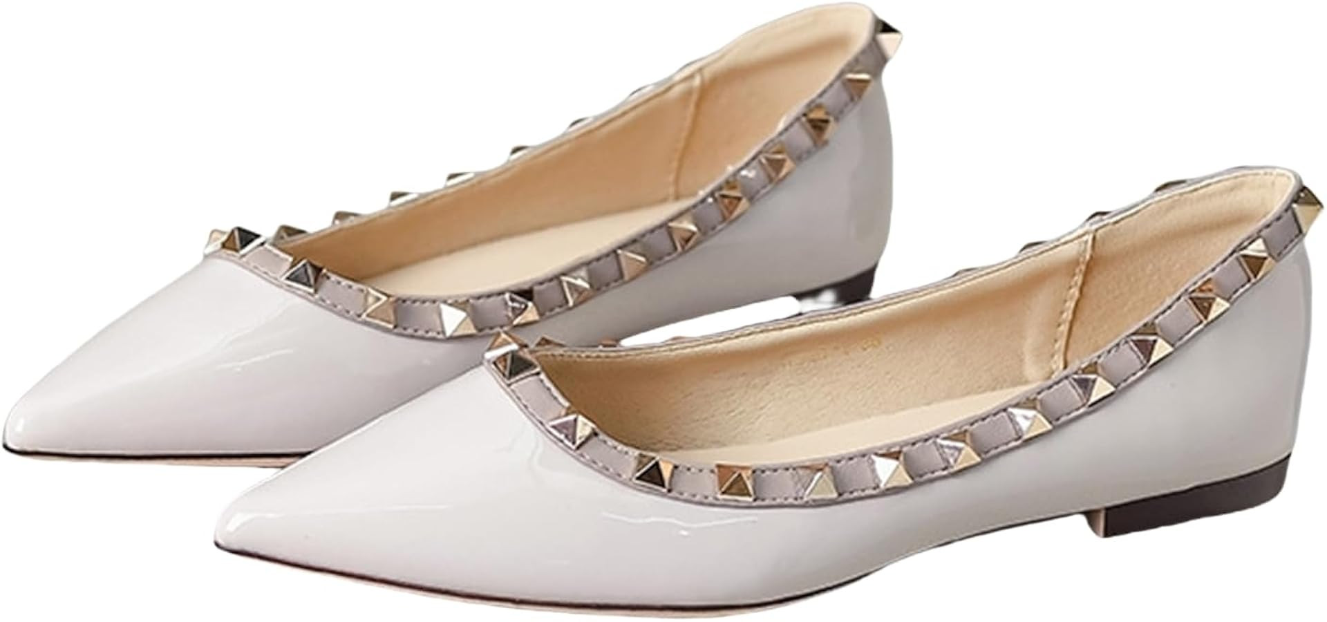 Women Patent Leather Studded Rivet Closed Shallow Mouth Comfortable Dress Walking Flat Shoes Fash... | Amazon (US)