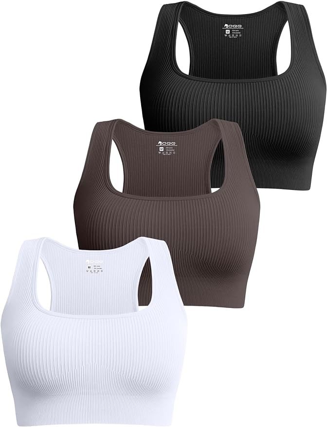 OQQ Women's 3 Piece Medium Support Crop Tops Ribbed Seamless Removable Cups Workout Exercise Race... | Amazon (US)