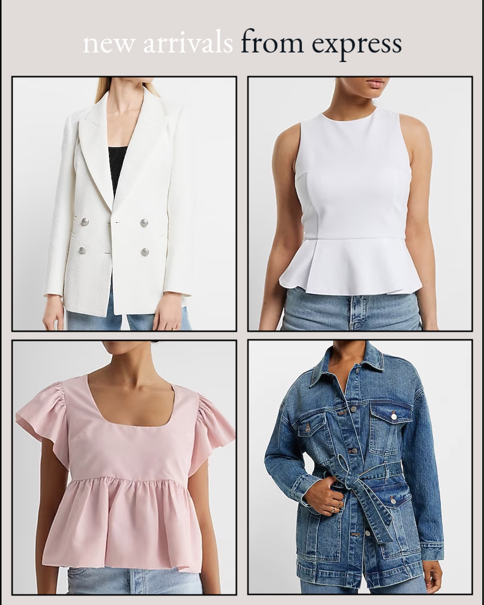 new arrivals at express - 
blazers, denim jacket, peplum tops, spring tops, spring style

#LTKSeasonal #LTKunder100
