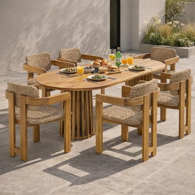 Christopher Knight Home Aki Bohemian 7 Piece Outdoor Acacia Wood Dining Set with Wicker Design, Teak/Brown | Target