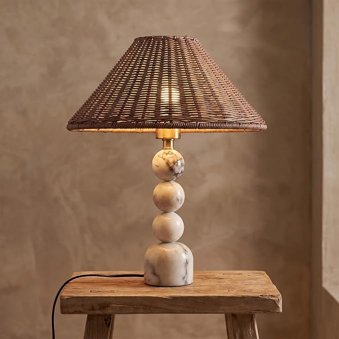 Calacatta Marble Table Lamp with Rattan Shade,15.7" Boho Stone Lamp | Amazon (US)