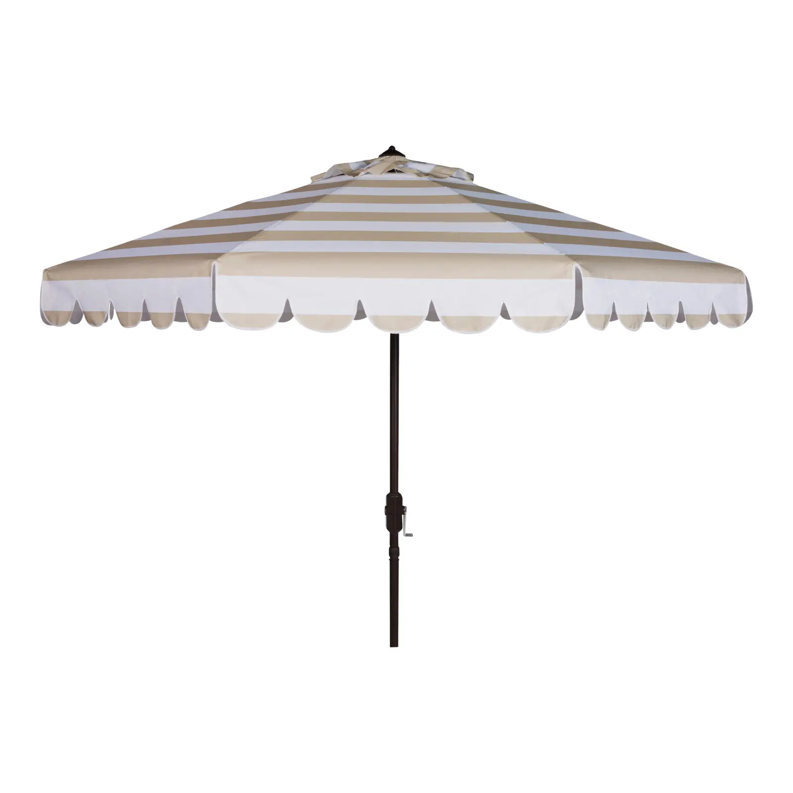 Single Scallop Stripe 9 Ft Crank Push Button Tilt Umbrella in Beige & White | Chairish