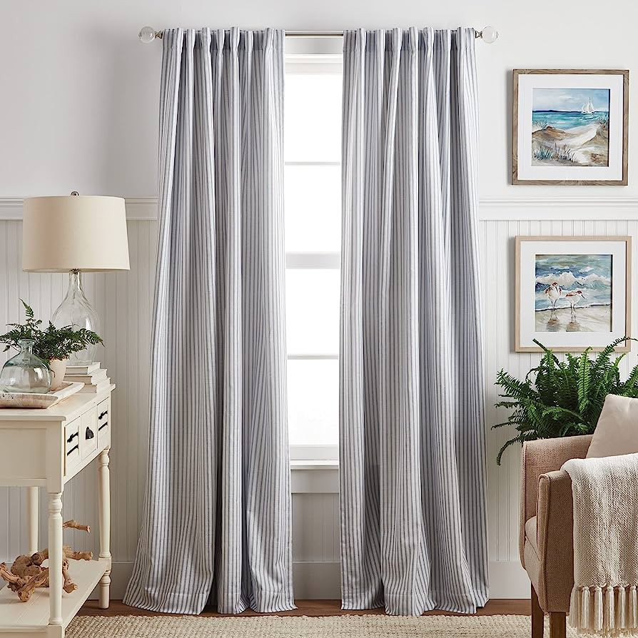 MARTHA STEWART Ticking Stripe Blackout Lining Rod Pocket/Back Tab Window Curtain Panel Pair, 84",... | Amazon (US)
