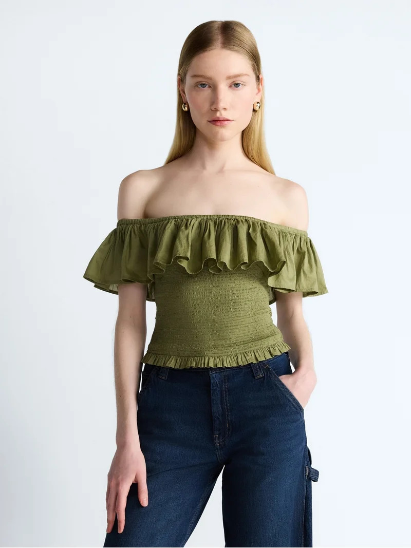 Scoop Women’s and Women’s Plus Off-the-Shoulder Smocked Ruffle Cotton Top, Sizes XS-4X | Walmart (US)