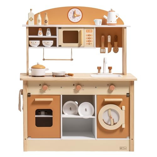 ROBUD Wooden Play Kitchen for Kids Toddlers, Kids Kitchen Playset with Realistic Accessories, Toy Kitchen Set with Plenty of Play Features, Modern Style Toy Kitchen for Girls & Boys, 3+, Caramel | Amazon (US)