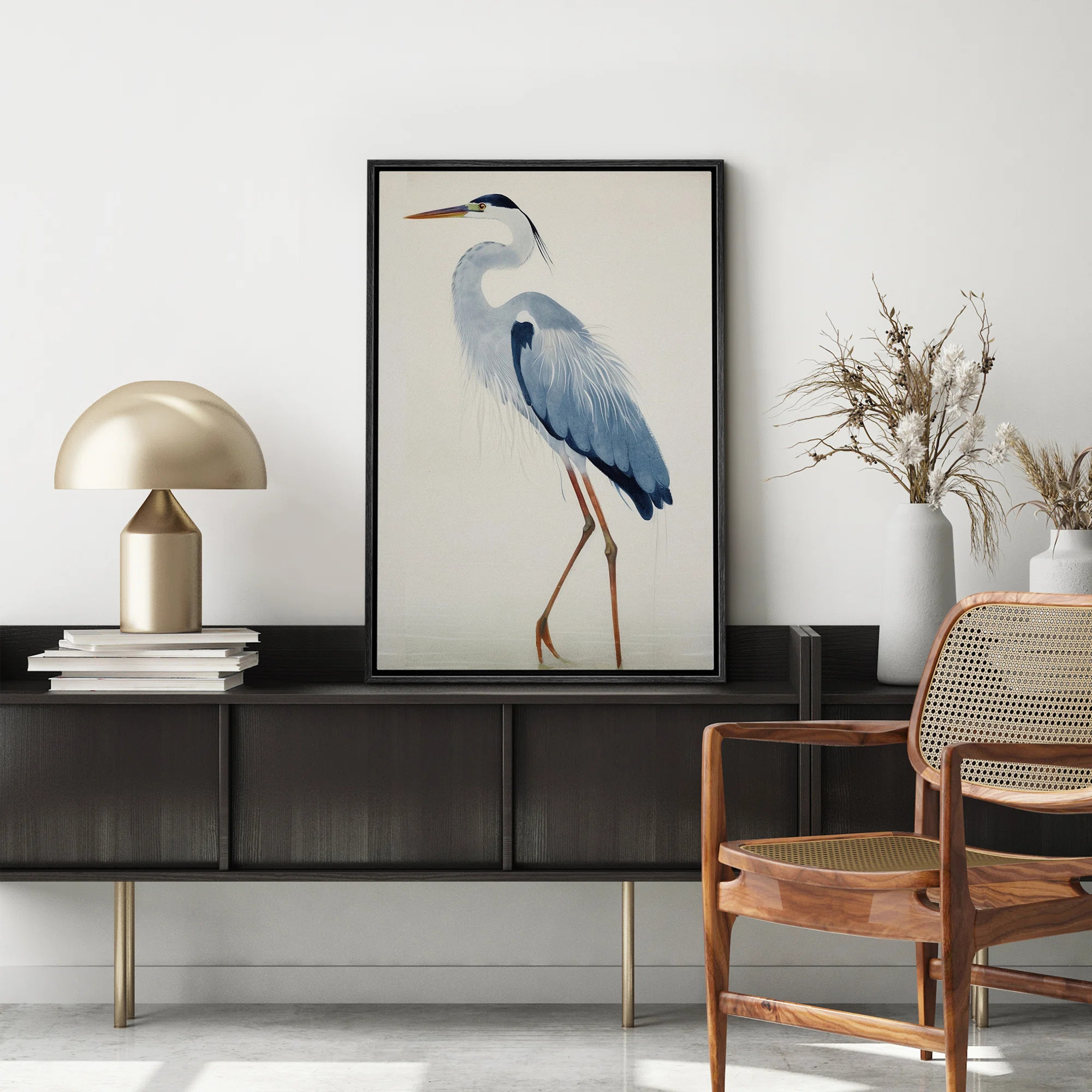 Crane Heron Bird Watercolor Pastel Blue Animal Pictures Large Framed Canvas Painting Print Wall A... | Wayfair North America
