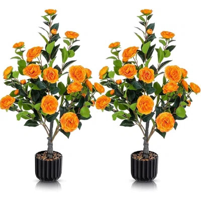 Artificial Camellia Tree 2 Pack, 36"Faux Camellia Plant in Pot with Orange Flowers, Greenery Potted Plant for Indoor Outdoor Office Home Porch Decor, | Wayfair North America