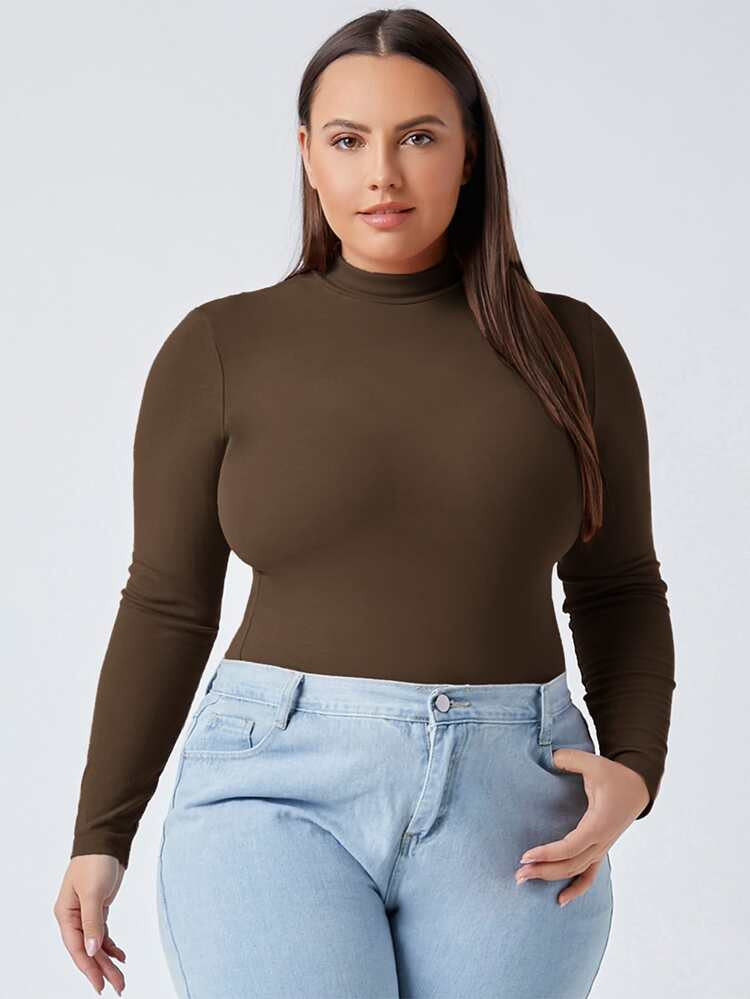 SHEIN BASICS Plus Mock Neck Fitted Tee | SHEIN