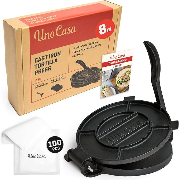 Uno Casa Cast Iron Tortilla Press 8 Inch - Tortilla Maker Press, Pre-Seasoned Roti Maker with 100... | Amazon (US)