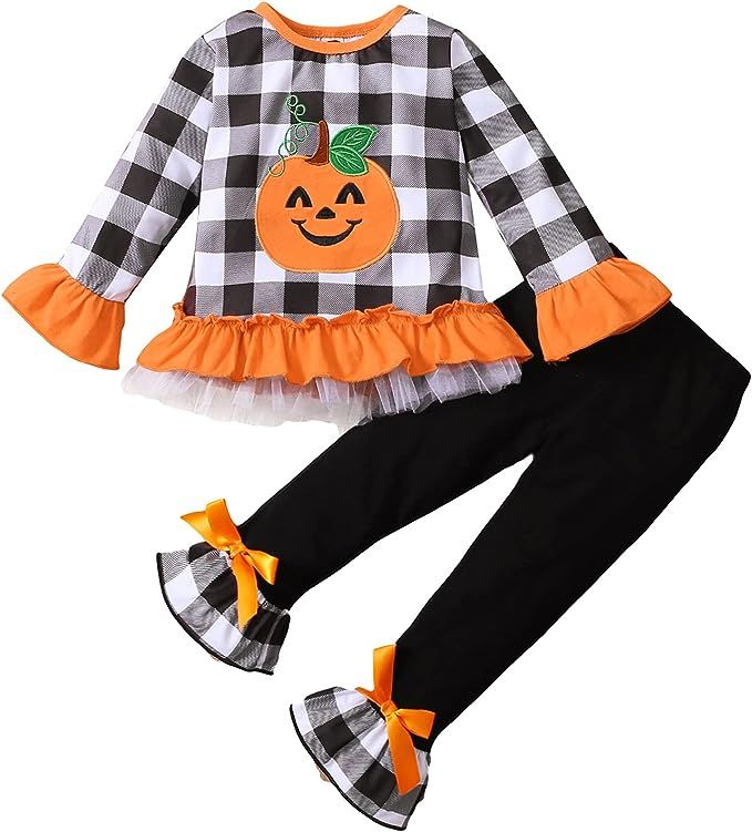 Amazon.com: 1-6T Toddler Girl Halloween Clothes Set Plaid Pumpkin T-Shirts Tees Pullover Shirts T... | Amazon (US)