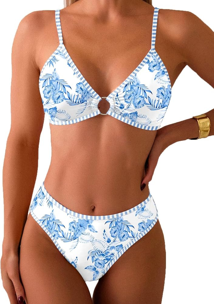Fanuerg Women's Triangle Bikini Sets O Ring Linked Two Piece Swimsuits Floral Printed Cheeky Bath... | Amazon (US)
