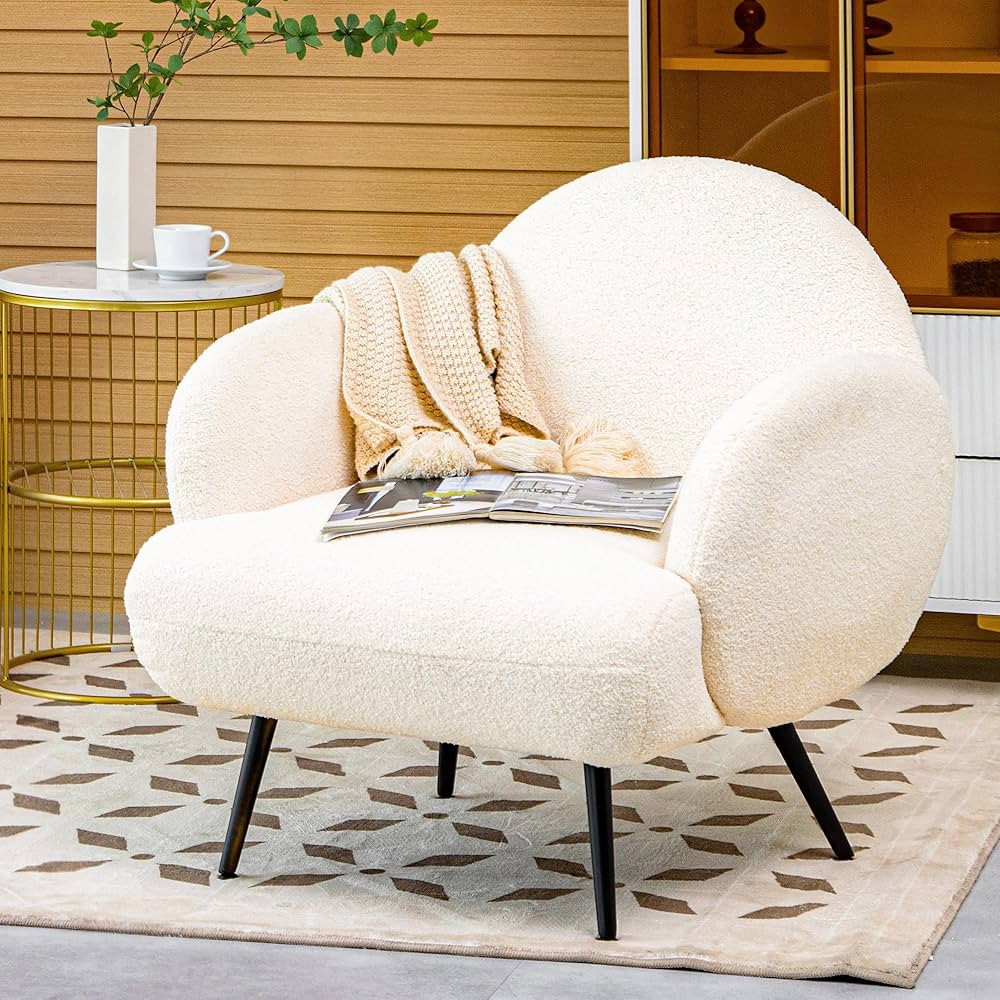 White Accent Sherpa Chair for Living Room Bedroom Reading Comfy Modern Armchair with Black Metal ... | Amazon (CA)