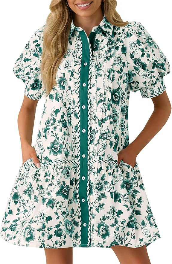 Wenrine Womens Mini Dress Summer Casual Short Puff Sleeve Floral Collared V Neck Loose Button Dow... | Amazon (US)