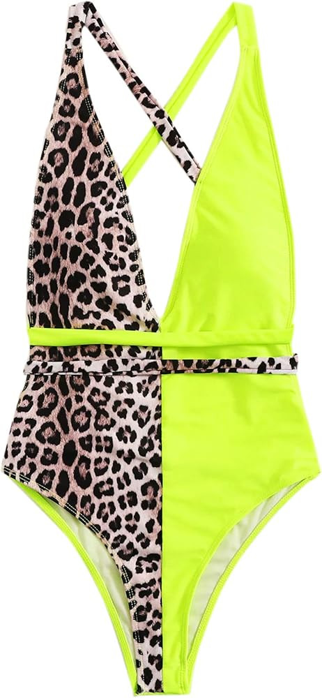 SweatyRocks Women's Sexy Bathing Suits Criss Cross Tie Knot Front Deep V Open Back Leopard One Pi... | Amazon (US)