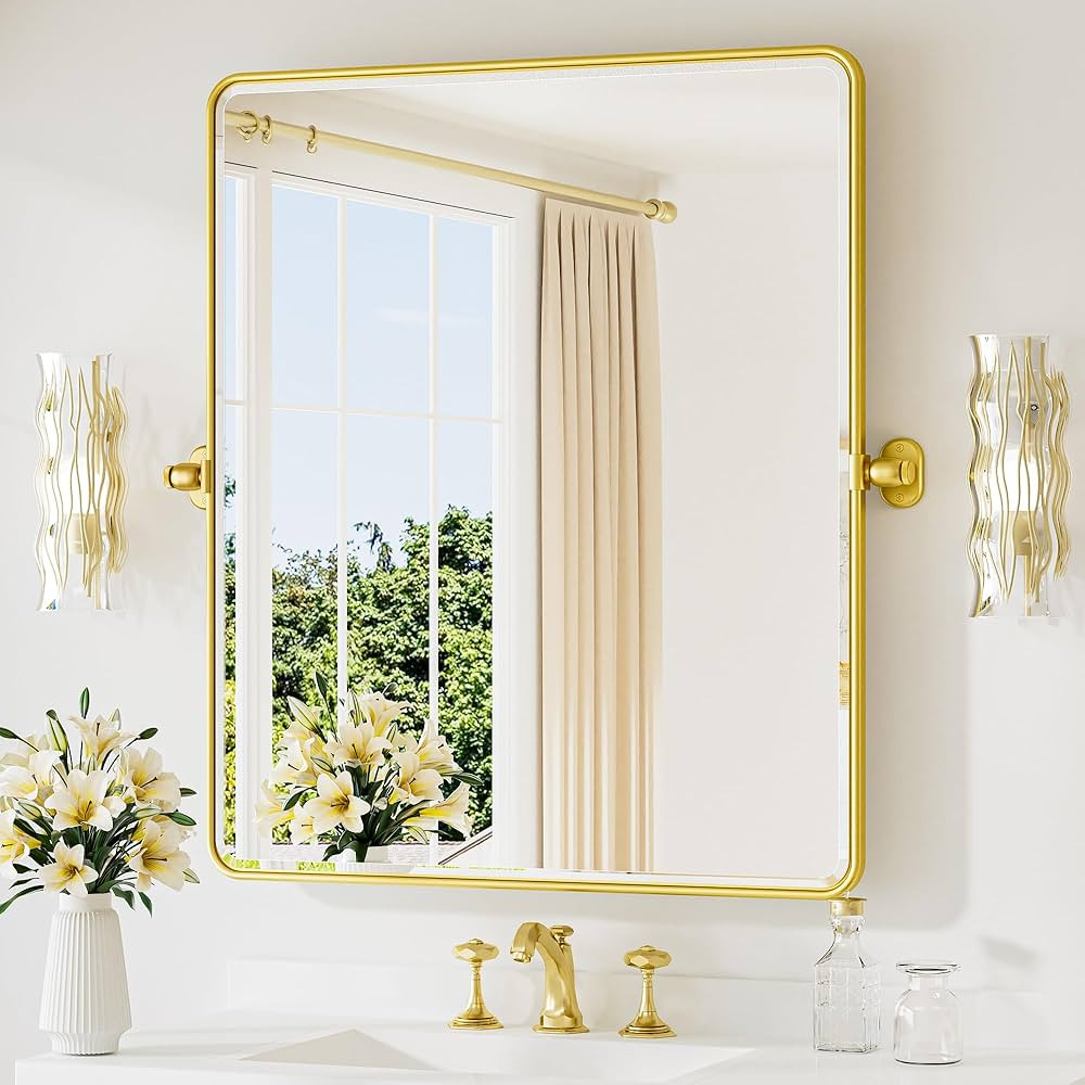 TETOTE Glossy Gold Pivot Bathroom Mirror 30 x 36 Tilting Beveled Rectangle Metal Framed Mirror, F... | Amazon (US)