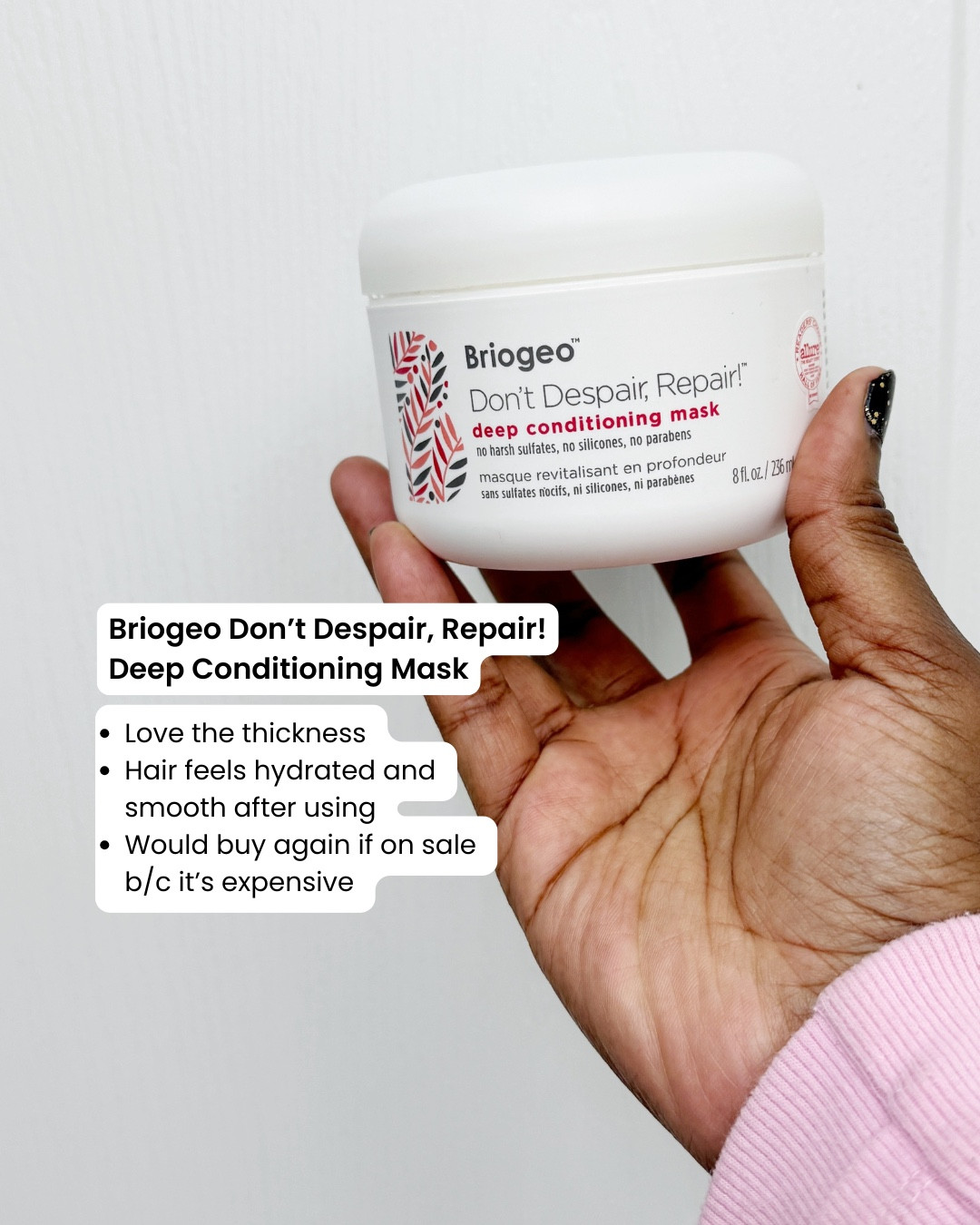 I'd heard so many good reviews of the Briogeo Don't Despair, Repair! Deep Conditioning Mask and how good it was for helping maintain a moisture-protein balance in the hair.

When I saw it on sale, I decided to splurge and get it. I've liked it so far and added it to my deep conditioner rotation. It can be found at stores like Ulta and Sephora.
#LTKhair #deepconditioner #haircare #relaxedhair 

 

#LTKBeauty