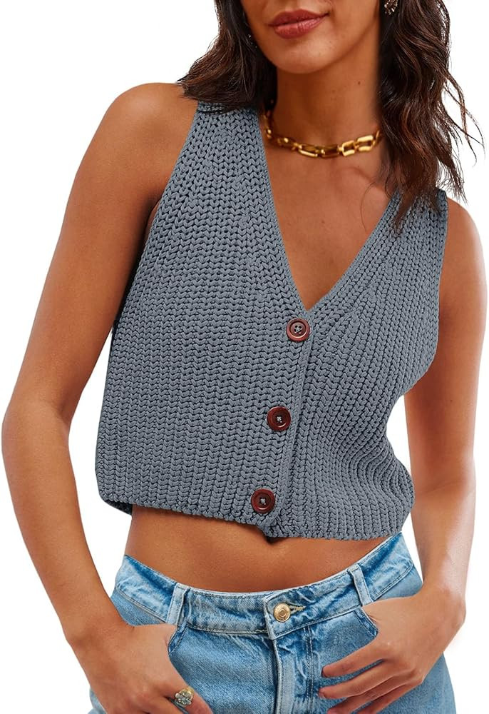 Saodimallsu Womens Cropped Sweater Vest V Neck Button Down Y2k Crop Knit Summer Trendy Sleeveless... | Amazon (US)