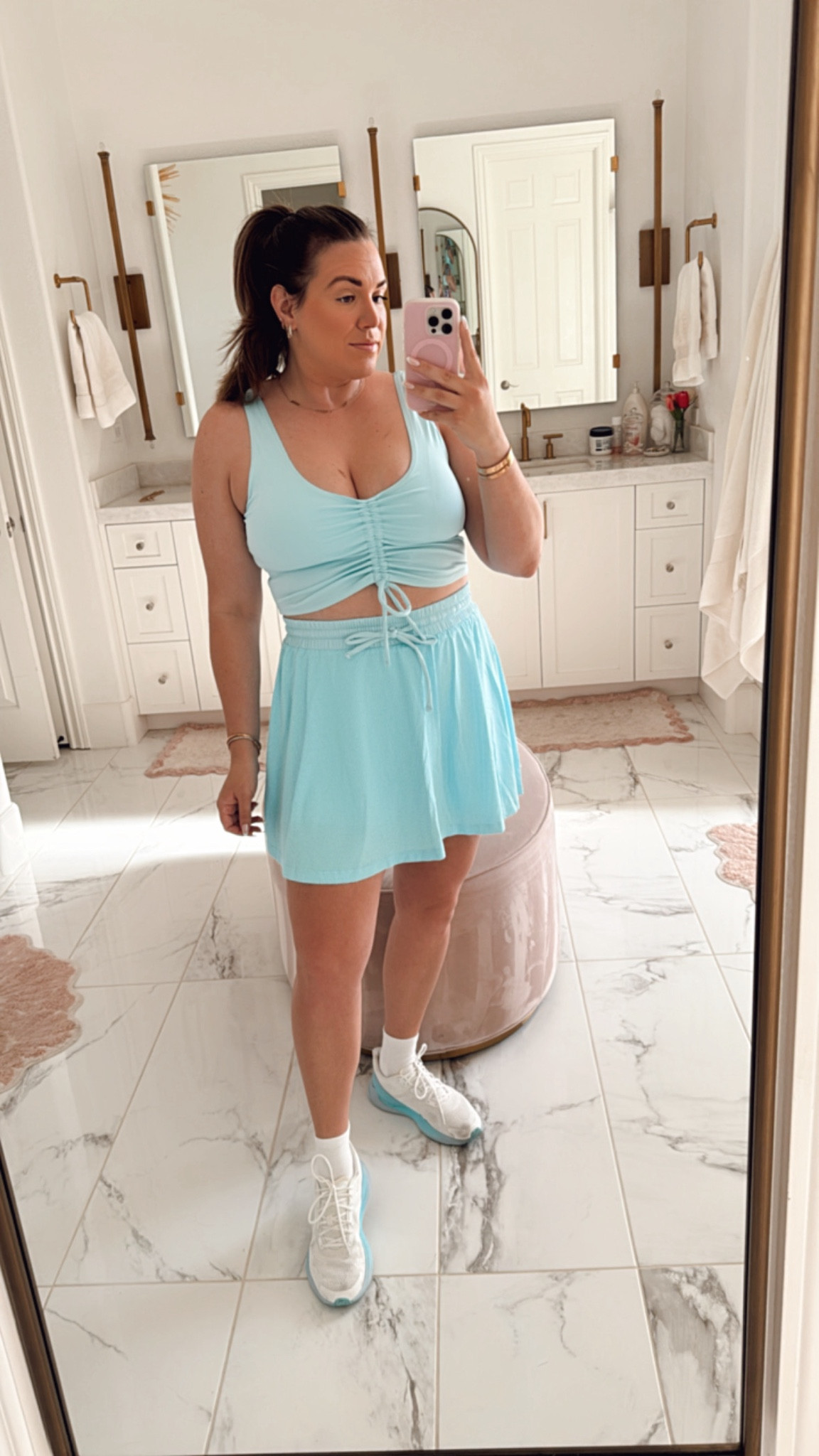 curvy girly workout fitness look! wearing size xl in sports bra and size xl in tennis skirt with shorts (could have taken the large)  

#LTKMidsize #LTKFitness #LTKActive