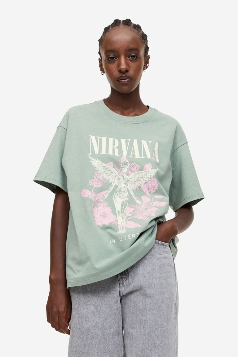 Oversized Printed T-shirt - Light khaki green/Nirvana - Ladies | H&M US | H&M (US + CA)