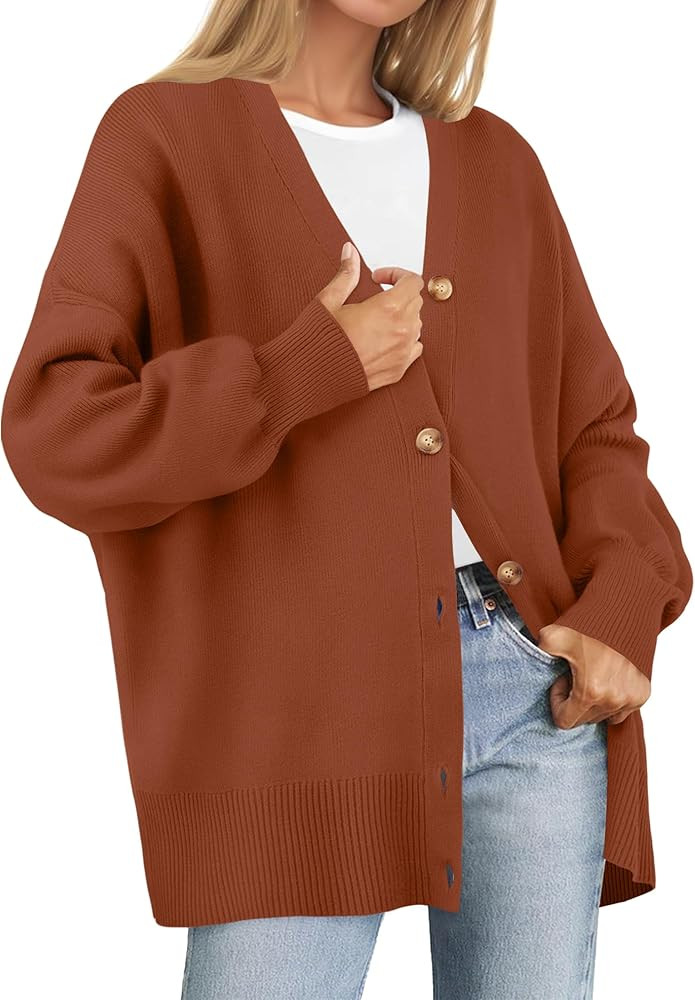 ZESICA Women's 2025 Fall Casual Long Sleeve Cardigan V Neck Button Down Open Front Knit Loose Ove... | Amazon (US)