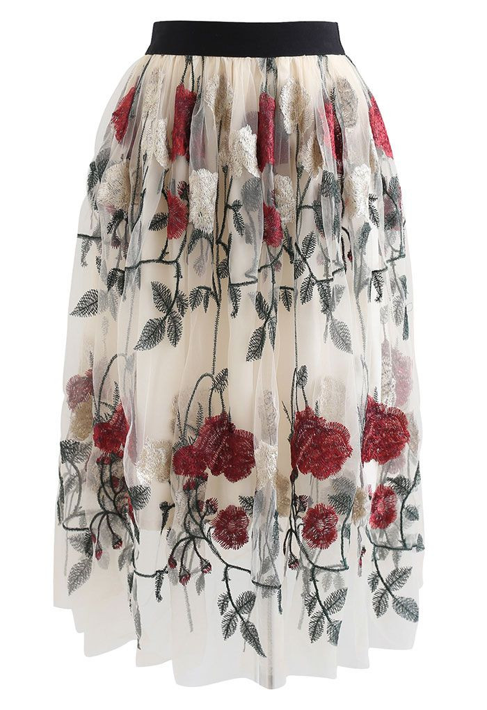 Red Golden Rose Embroidered Mesh Midi Skirt | Chicwish