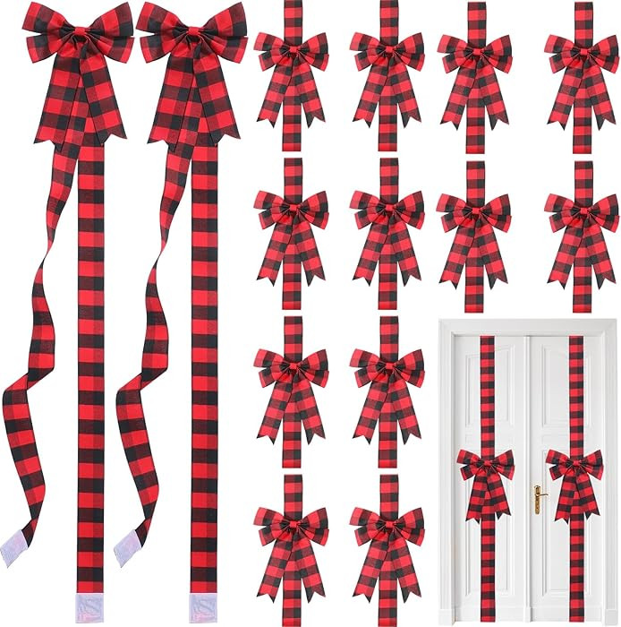 Yinkin 16 Pcs Christmas Cabinet Ribbon Bows 10 x 87 Inch Buffalo Plaid Door Ribbons and Bows Deco... | Amazon (US)