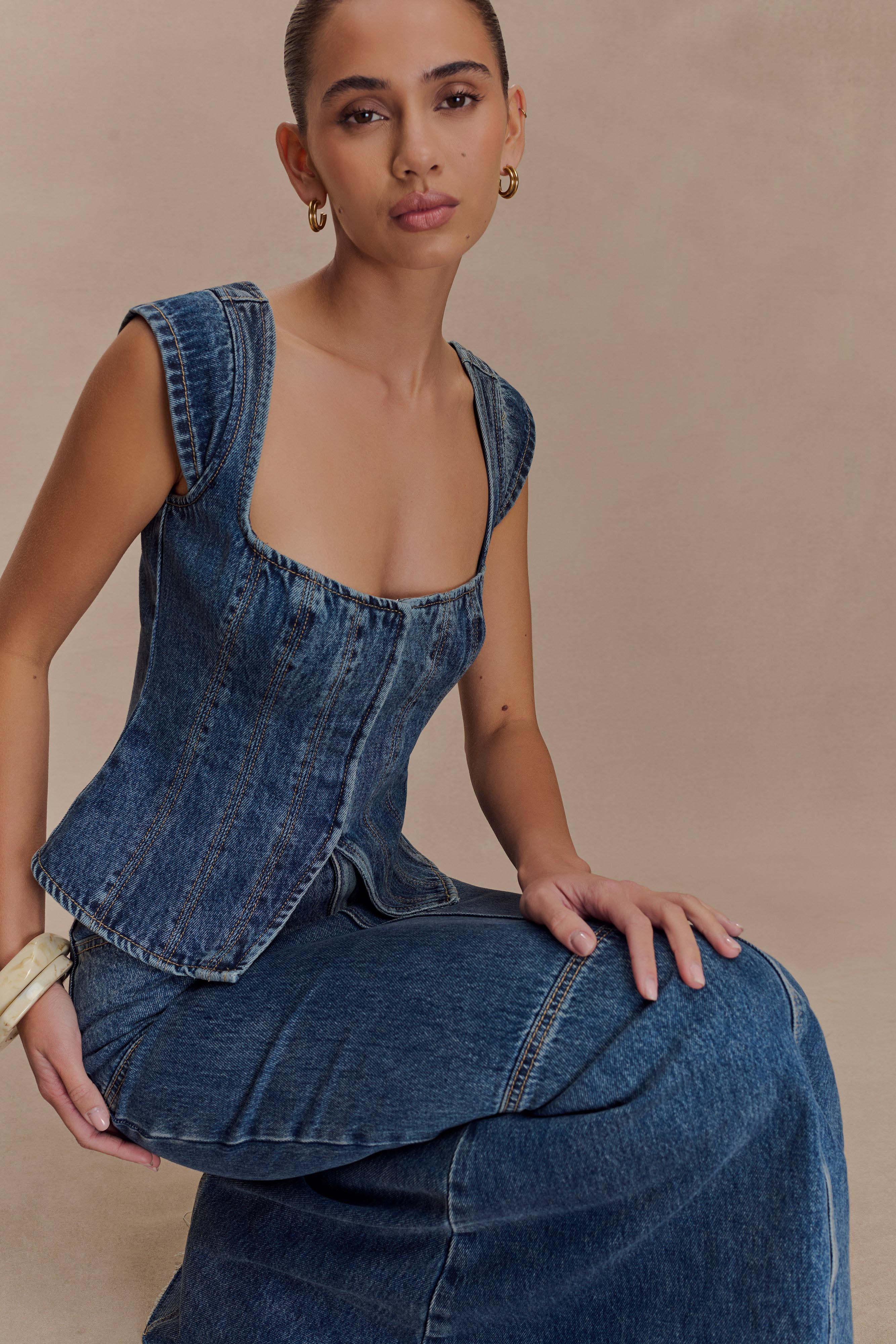 Cap Sleeve Denim Top - Washed Dark Blue | MESHKI US