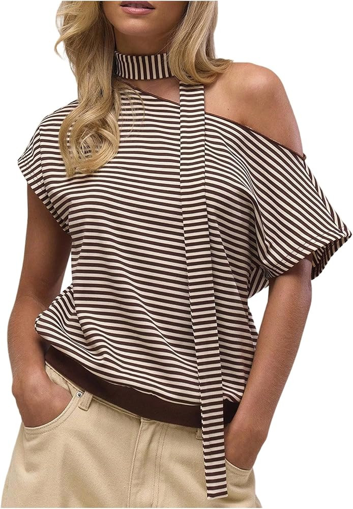 Milumia Women's Striped Off The Shoulder Top Asymmetrical Short Sleeve Going Out Scarf Tops | Amazon (US)