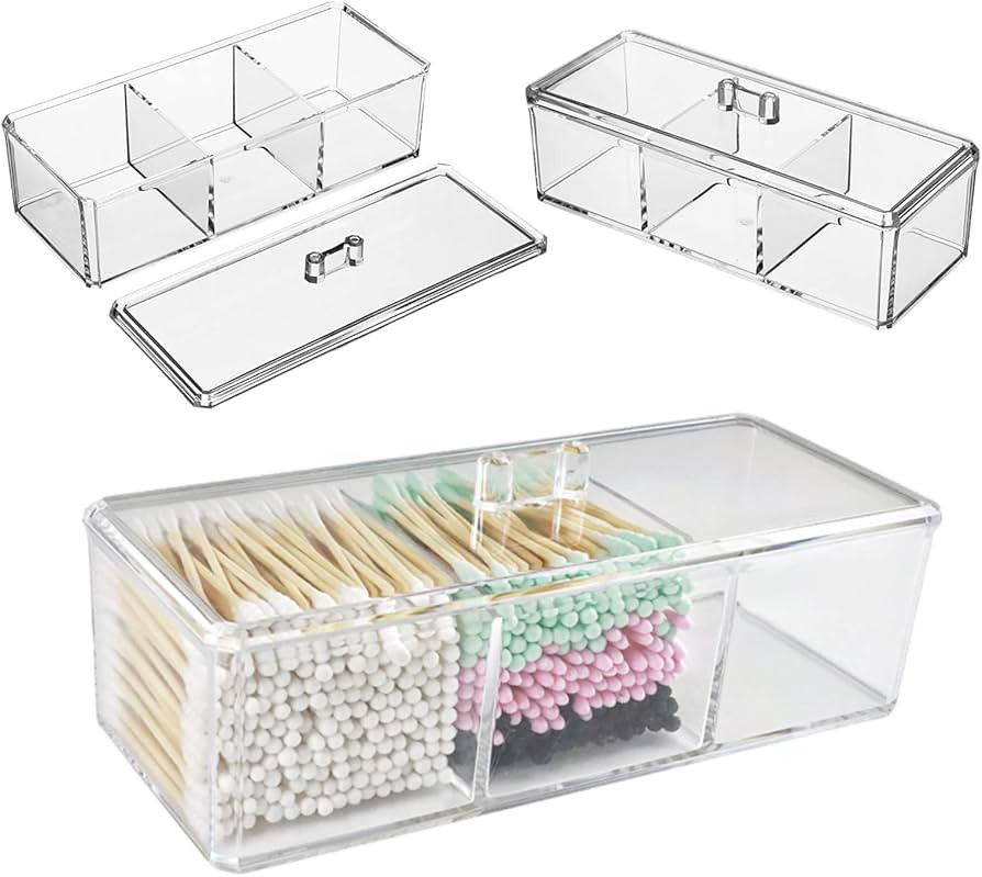 Amazon.com: Clear Cotton Ball and Swab Holder 3 Divided Compartments with Lid, Transparent Acryli... | Amazon (US)
